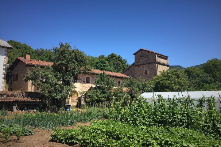 a house with bushes in front of a brick building
