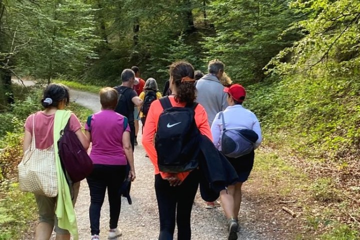a group of people walking down a dirt road