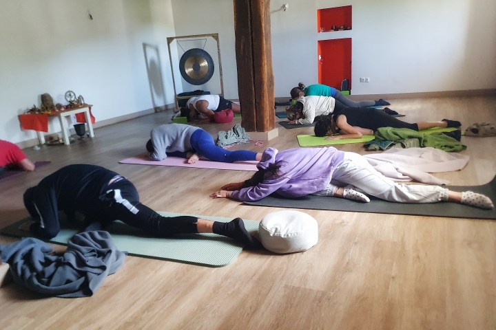 a person lying on a bed