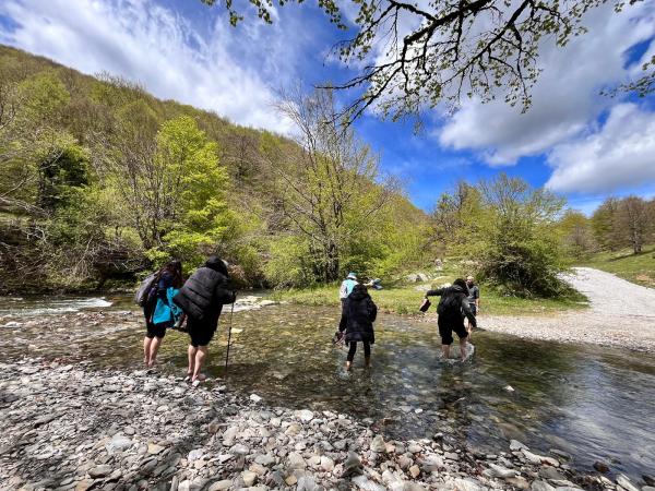 a group of people walking up a hill