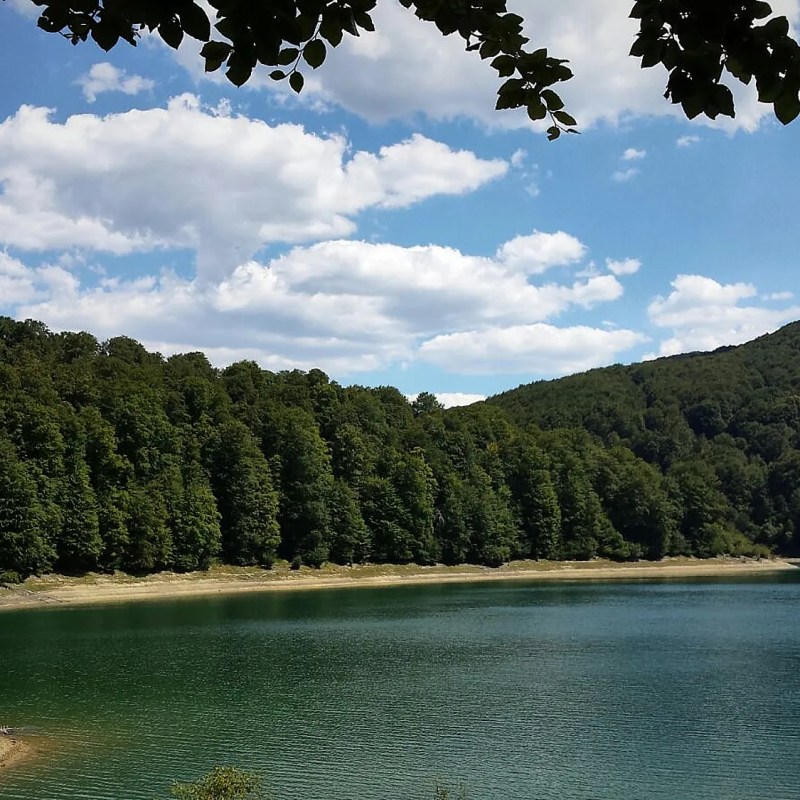 Lago de Irati en verano, rodeado por un inmenso bosque, reflejando la calma del entorno natural ideal para un retiro de yoga y meditación.