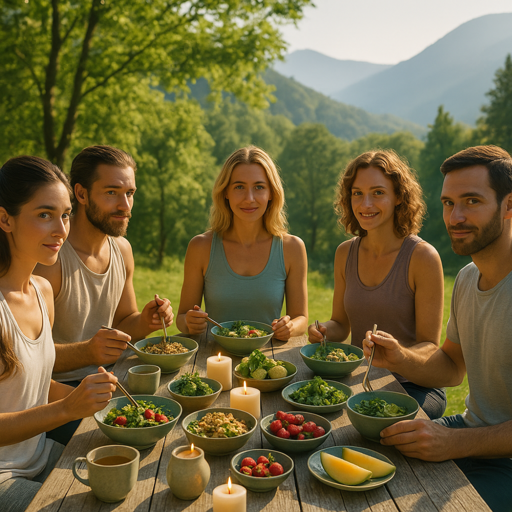 Grupo de personas compartiendo comida vegetariana en una mesa al aire libre durante un retiro de yoga en la montaña