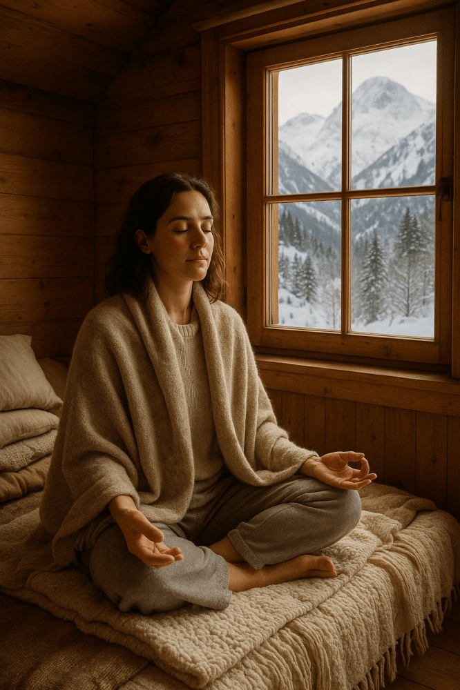 Mujer meditando en un retiro de yoga en invierno en el Pirineo