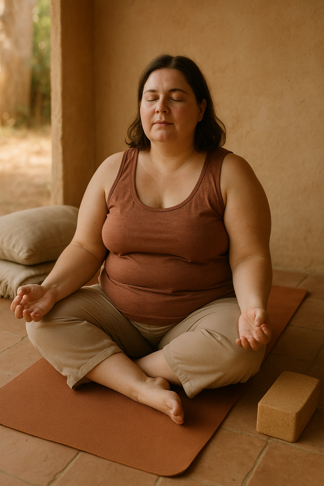 Mujer de complexión real sentada en meditación durante una práctica de yoga
