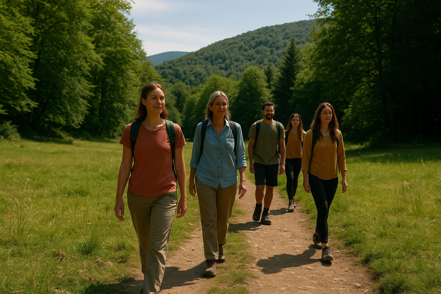 Grupo pequeño de personas caminando y practicando yoga suave en plena naturaleza del Pirineo Navarro durante un retiro de bienestar.