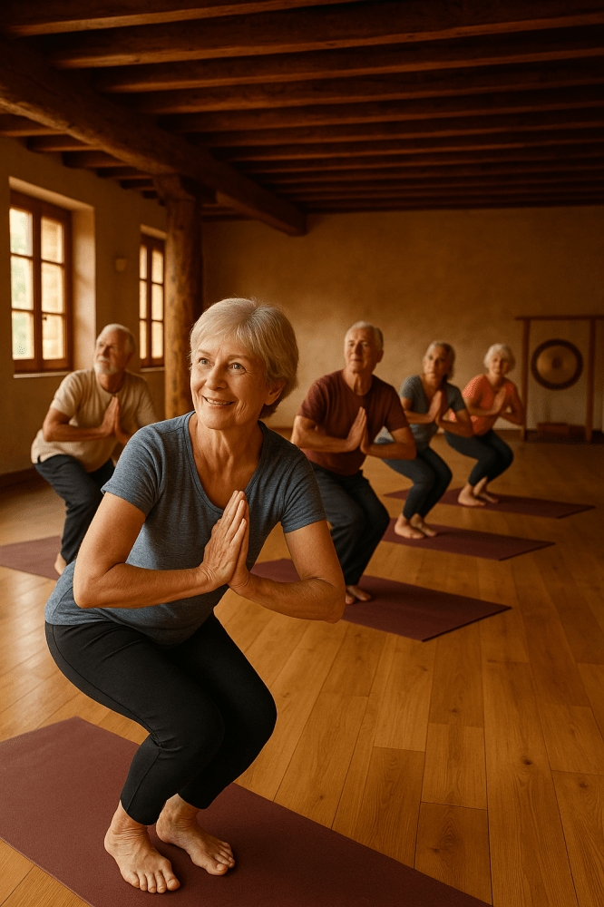 Personas mayores practicando Parivrtta Utkatasana en sala de yoga del Centro de Retiros de Yoga Pirineo