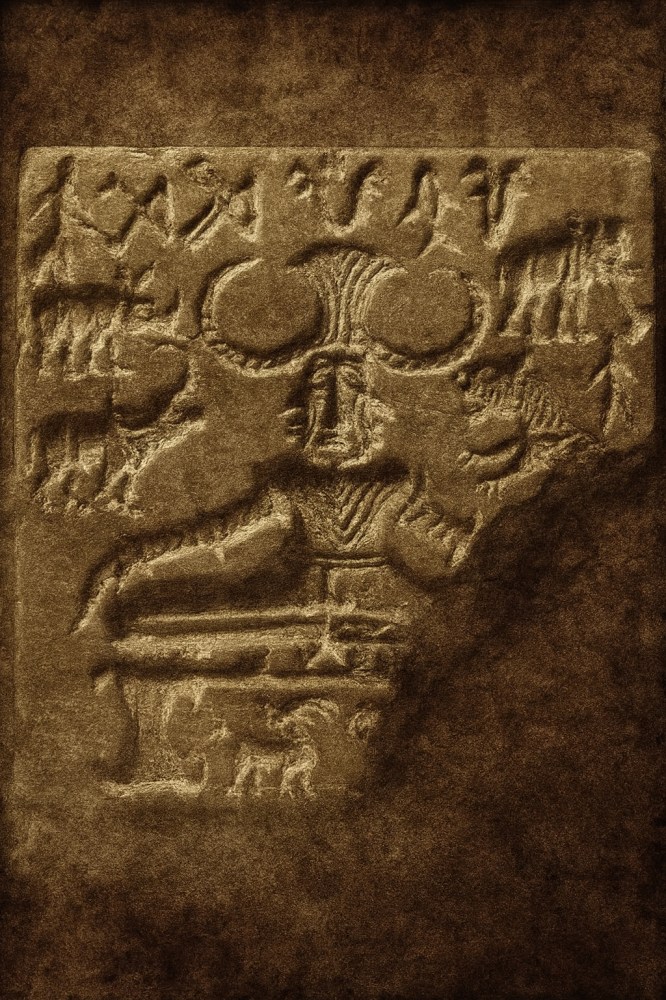 Sello arqueológico de la civilización del Indo con figura proto-shivaita, en estilo de foto antigua, representando los orígenes del yoga