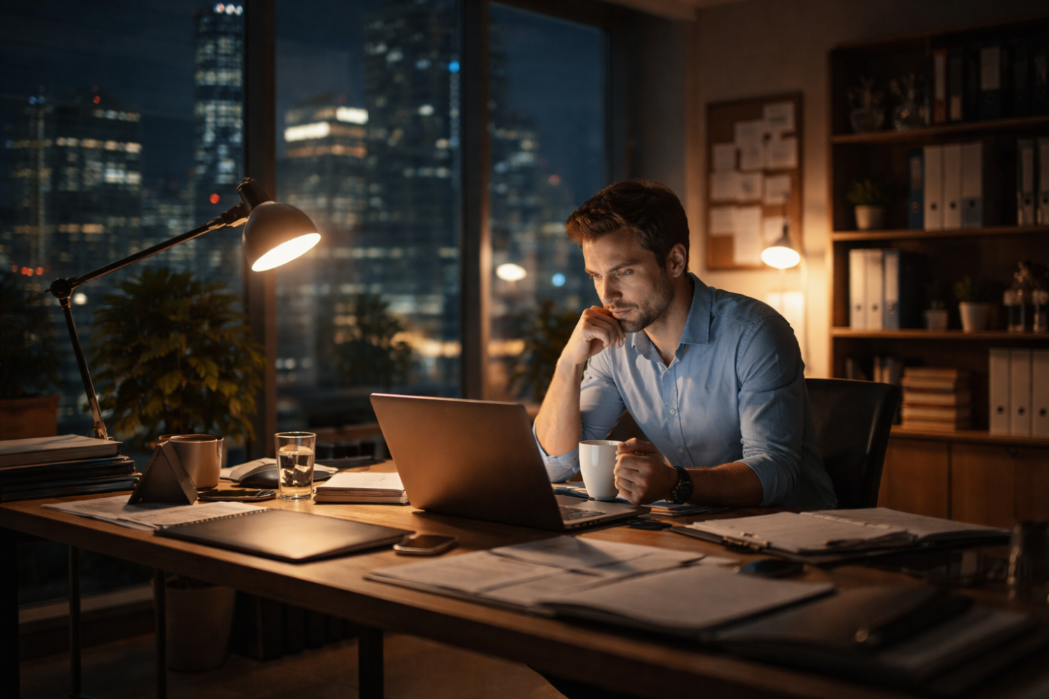Persona trabajando sola en una oficina de noche con luz encendida, reflejando estrés laboral y adicción al rendimiento